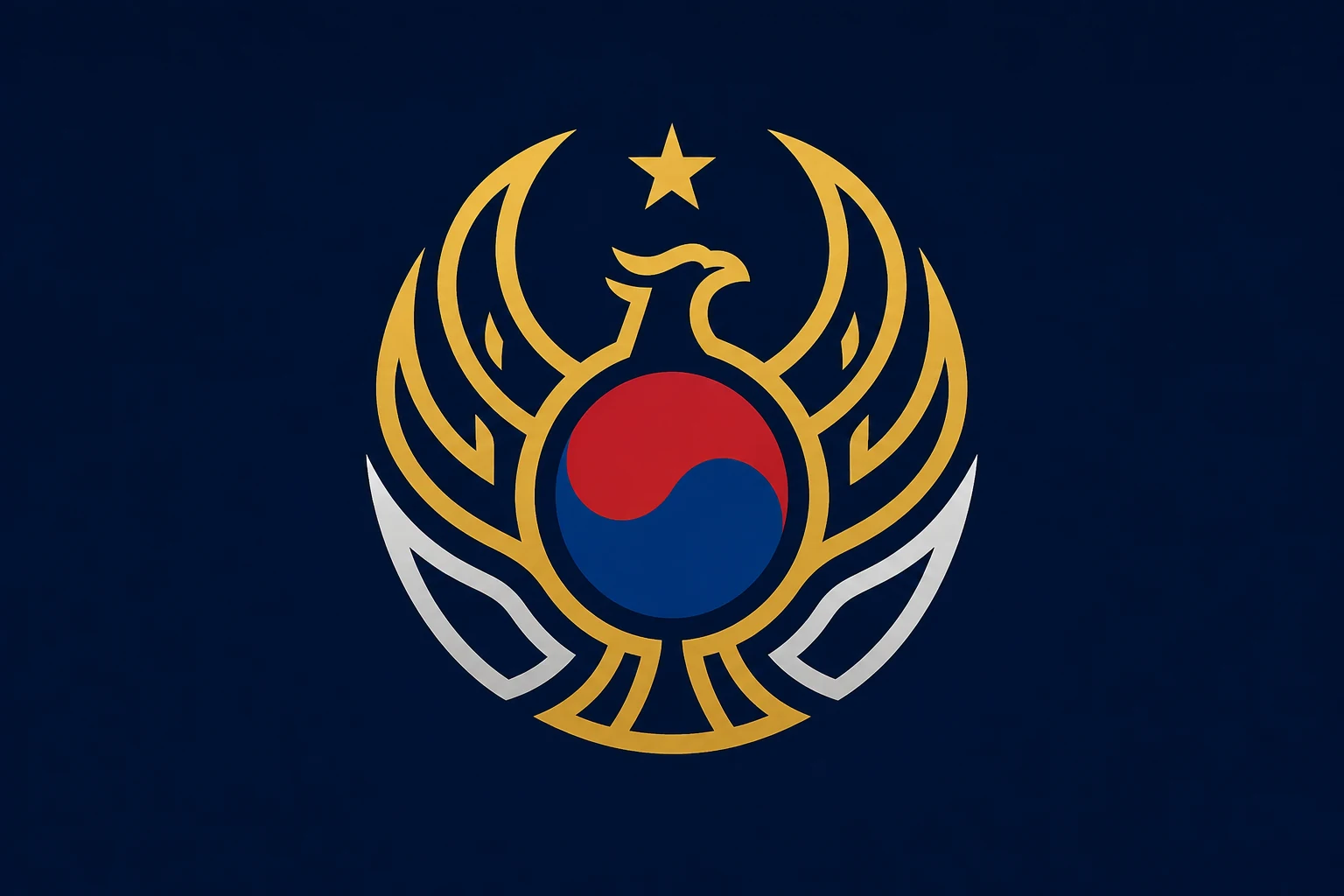짙은 남색 바탕에 금빛 봉황과 별, 중앙 태극 문양이 배치된 KSE 국기
